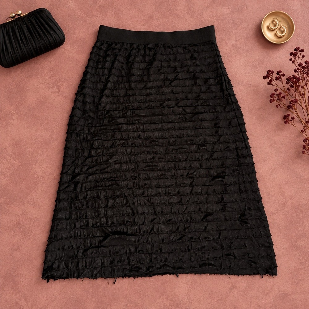 Lavish Black Textured Ruffle Midi Skirt Elastic Waist A-Line Size L M0601